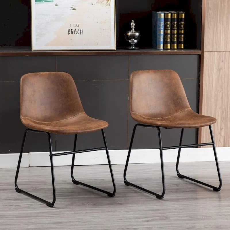 Home Beyond Set of 2 Pcs Synthetic Leather Upholstered Dining Chairs Armlesss with Metal Frame UC-13BRN