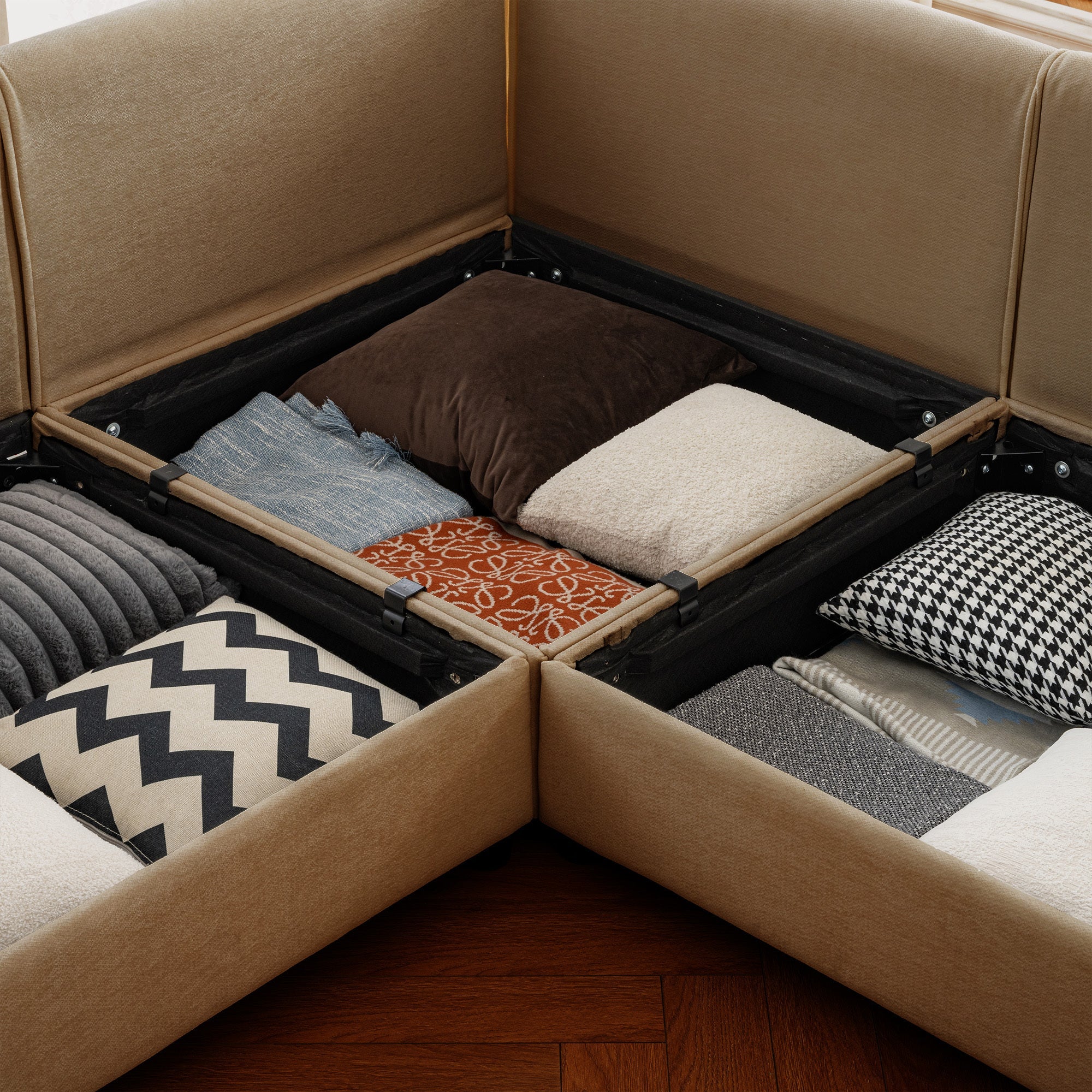 Walker Edison | Elegant Camel Chenille Sofa with Storage Seat and Ottoman