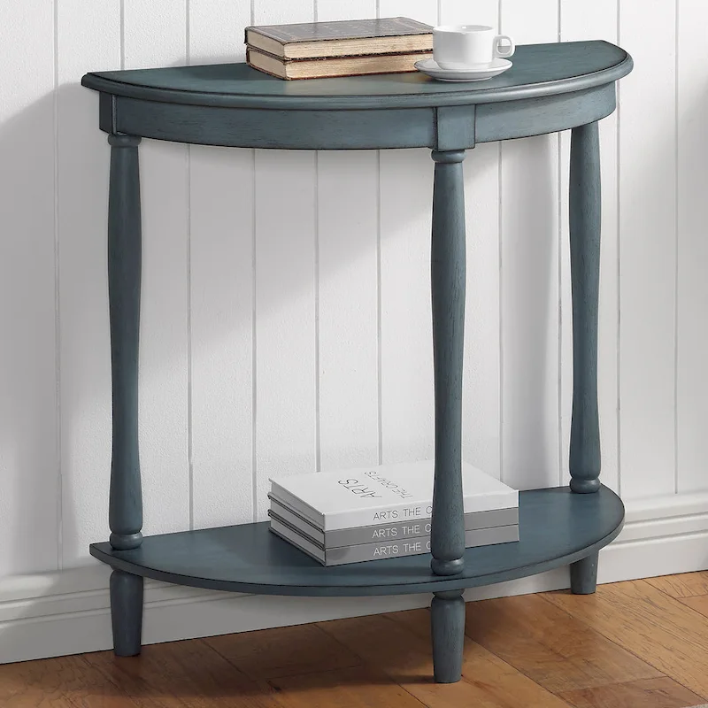 Antique Light Green French Country Half-Moon Entryway Console Table with Lower Shelf - Single Use