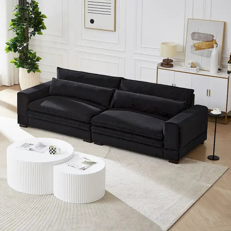 104 in Mid-Century Modern Fabric Sofa, Upholstered Sofa Couch with 2 Pillows, Solid Wood Legs