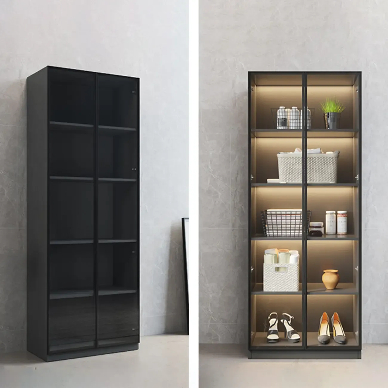 Freestanding Grey Wood Glass Display Cabinet with Light