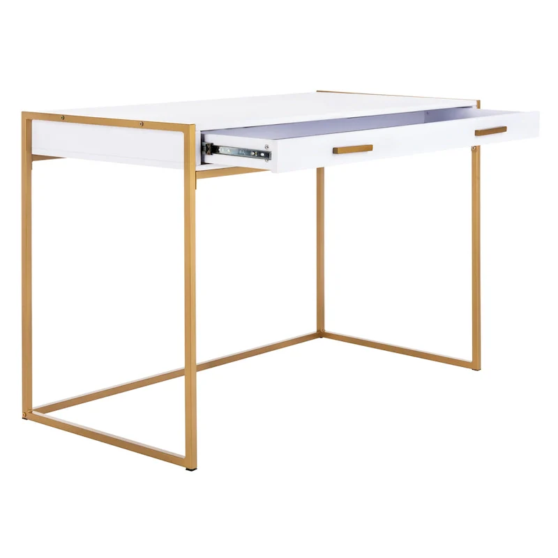 White & Gold 1-Drawer Console Desk with Metal Frame – 1-Person