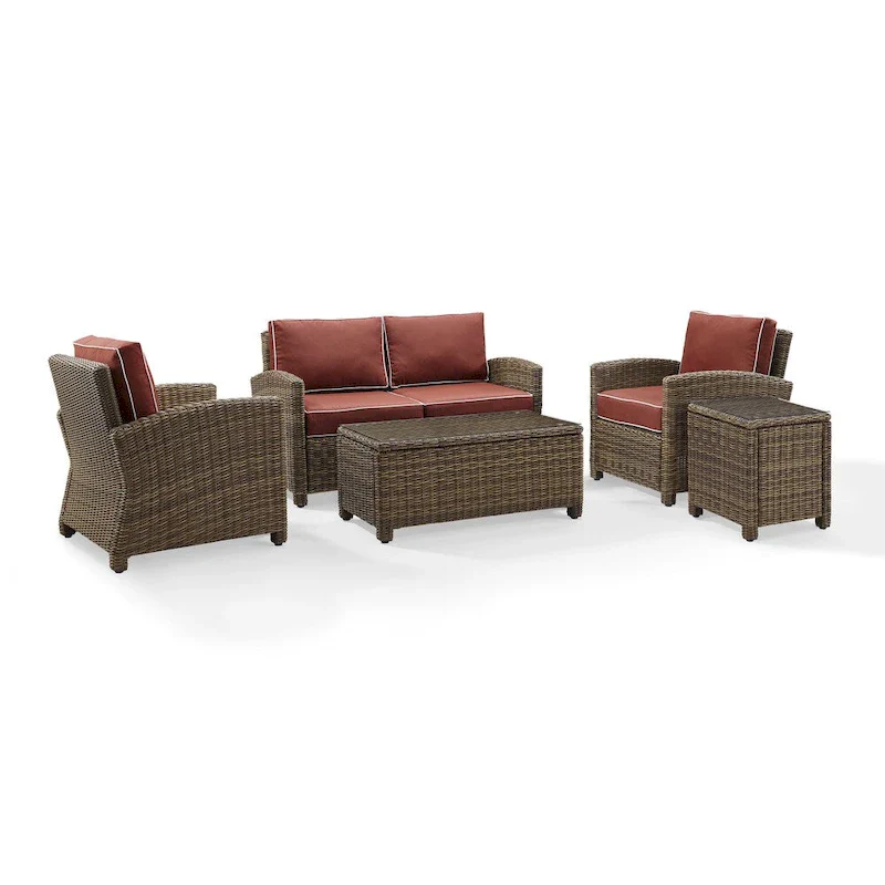 Crosley Bradenton 5-piece Outdoor Wicker Conversation Set with Sangria Cushions - 131.5  W x 93.75  D x 32.5  H