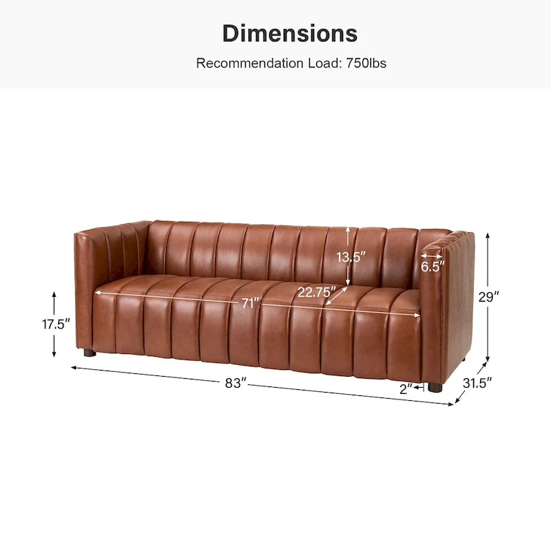 83-inch genuine leather curved sofa with a grooved backrest.