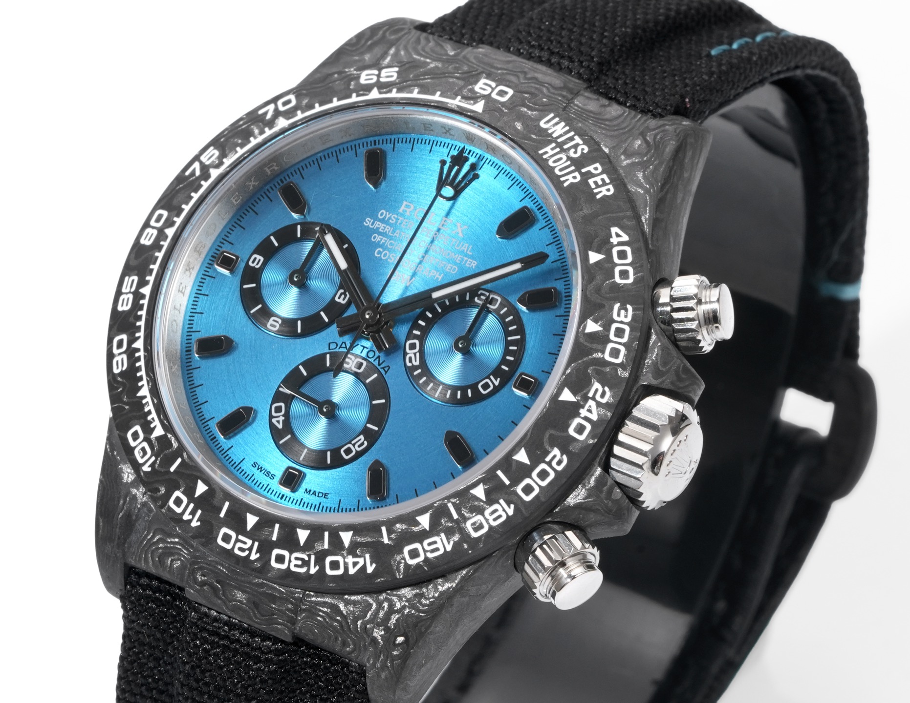 Close-up detail of blue dial and chronograph sub-dials on a Rolex super clone