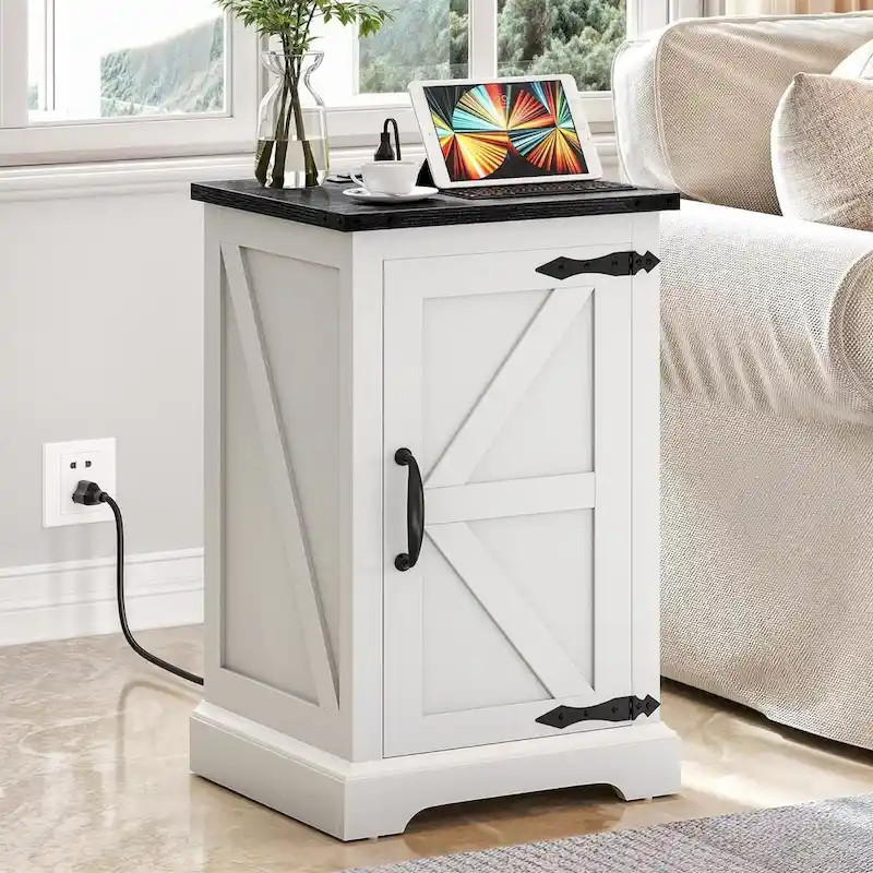 White / Walnut Farmhouse End Table with Built-in Charging Station (2 USB + 2 Outlets) - Single Use