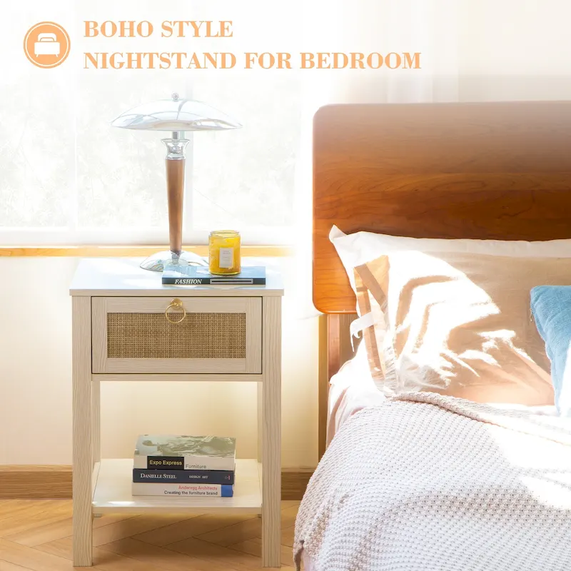 Farmhouse 1-Drawer Rattan Nightstand Set of 2