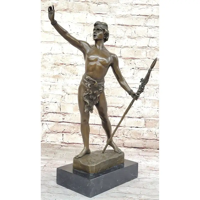 Tarzan King Of The Jungle - Bronze Sculpture Of Muscular Male Warrior W/ Spear By L. Domenech