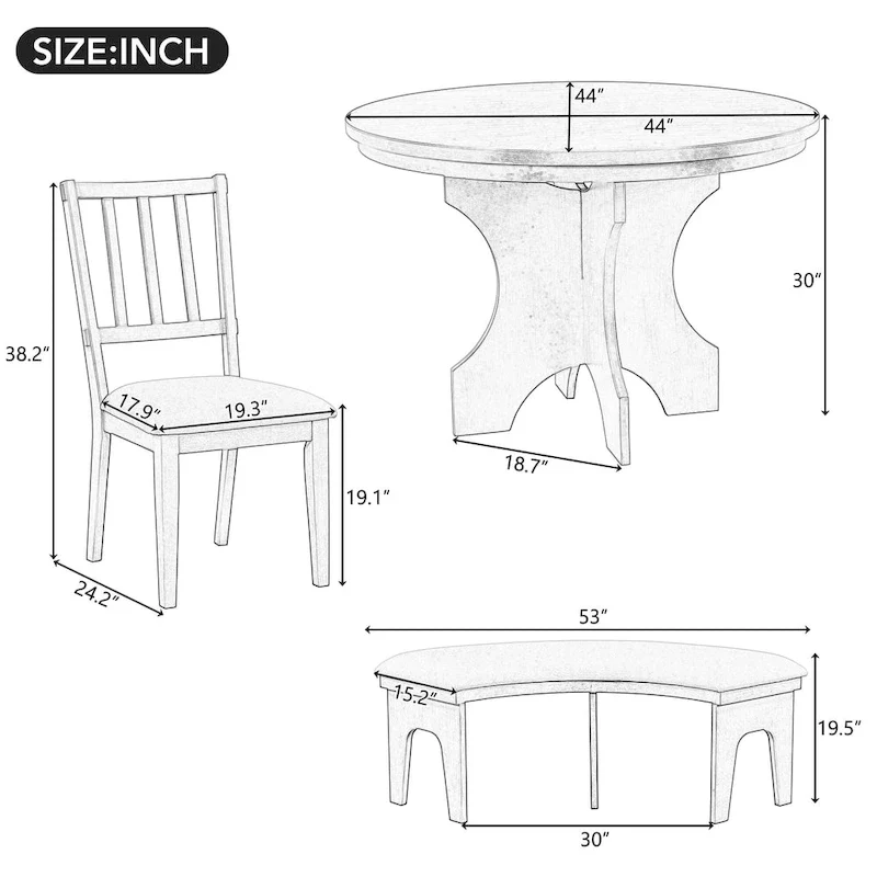 Modern Country Dining Table and Chair Sets Multi-Functional Dining Table and Chair Sets with Curved Table Base and Curved Bench