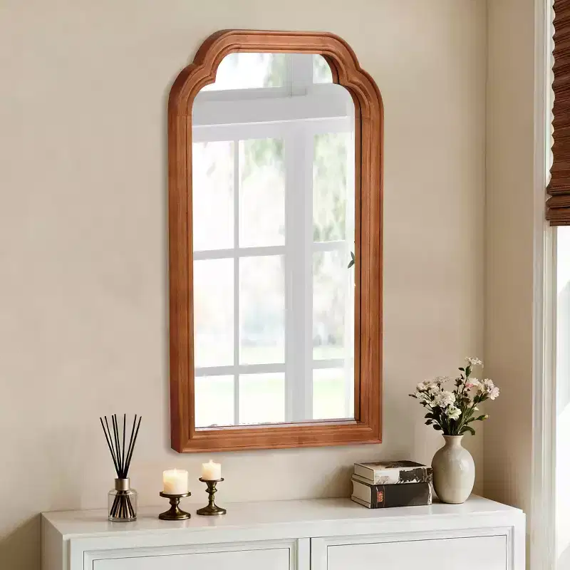 MAYEERTY 24 x 36 Solid Wood Frame Rounded Corner Decorative Mirror for Bedroom Bathroom Living Room Yellowish Brown