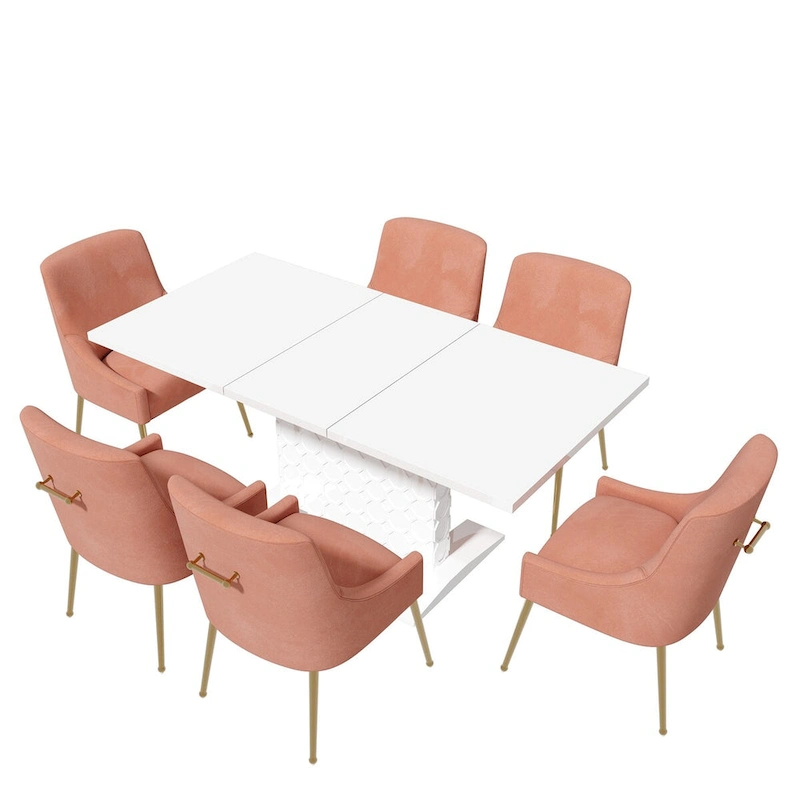 7-Piece Clihome High-gloss Extendable Table Velvet Chair Dining Set