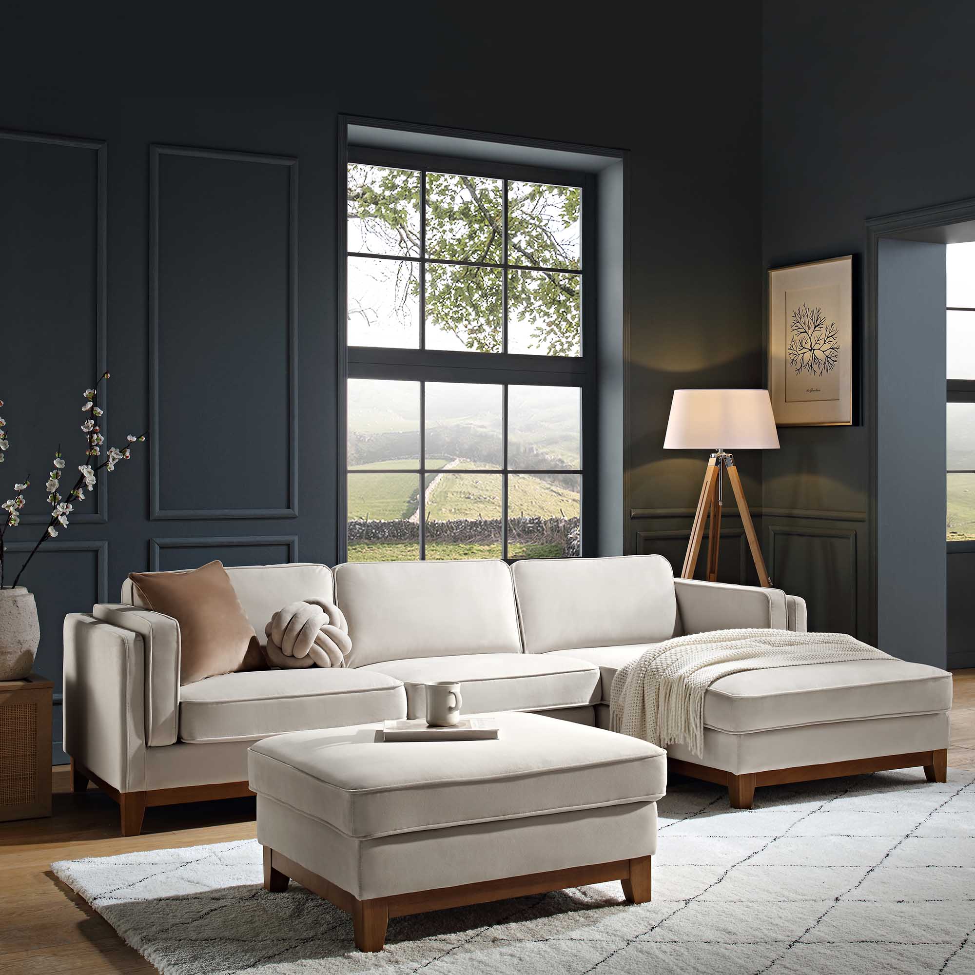 Champagne Velvet Sofa, Grande Chaise Sofa Right Hand Facing