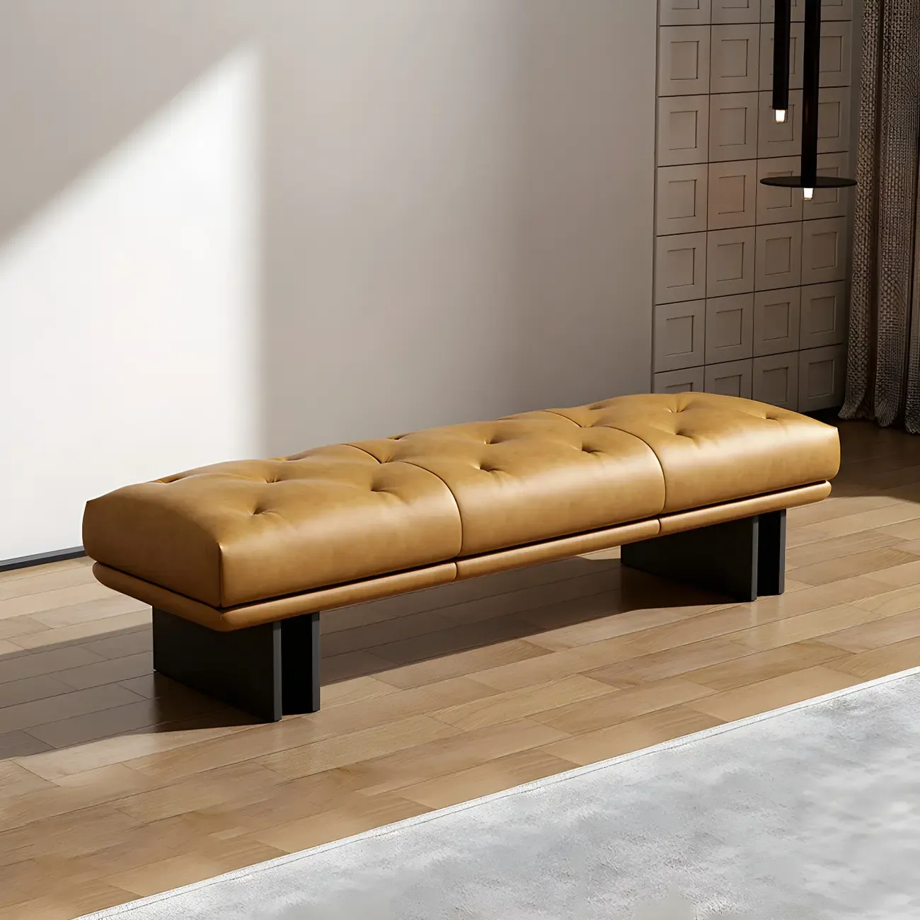 Minimalist Tufted Yellow Genuine Leather Bedroom Bench