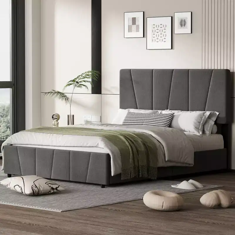 King Size Platform Bed Frame with Adjustable Headboard, 2 Storage Drawers, Soft Upholstered Design, Wooden Slats Support, No Box Spring Required