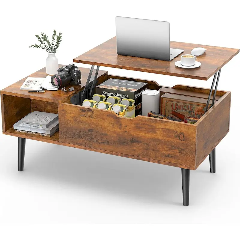 Lift Top Coffee Table with Hidden Storage & Side Shelves – Brown / Black, Single