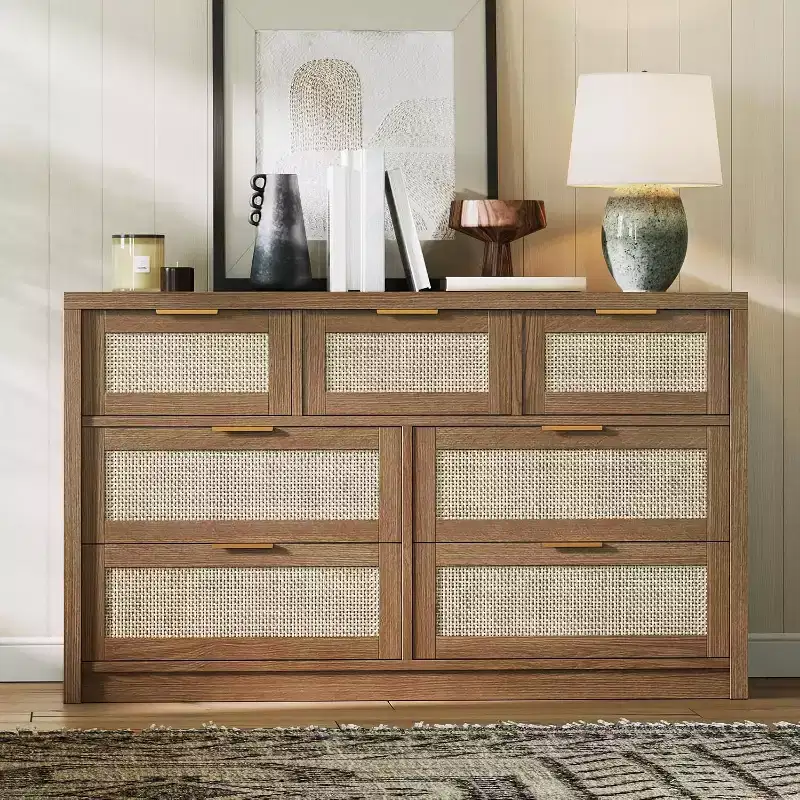 Rattan Wood 7 Drawers Dresser for Bedroom, Wide Chests of Drawers with Golden Handles, Farmhouse Closet Dresser TV Stand for Living Room Hallway