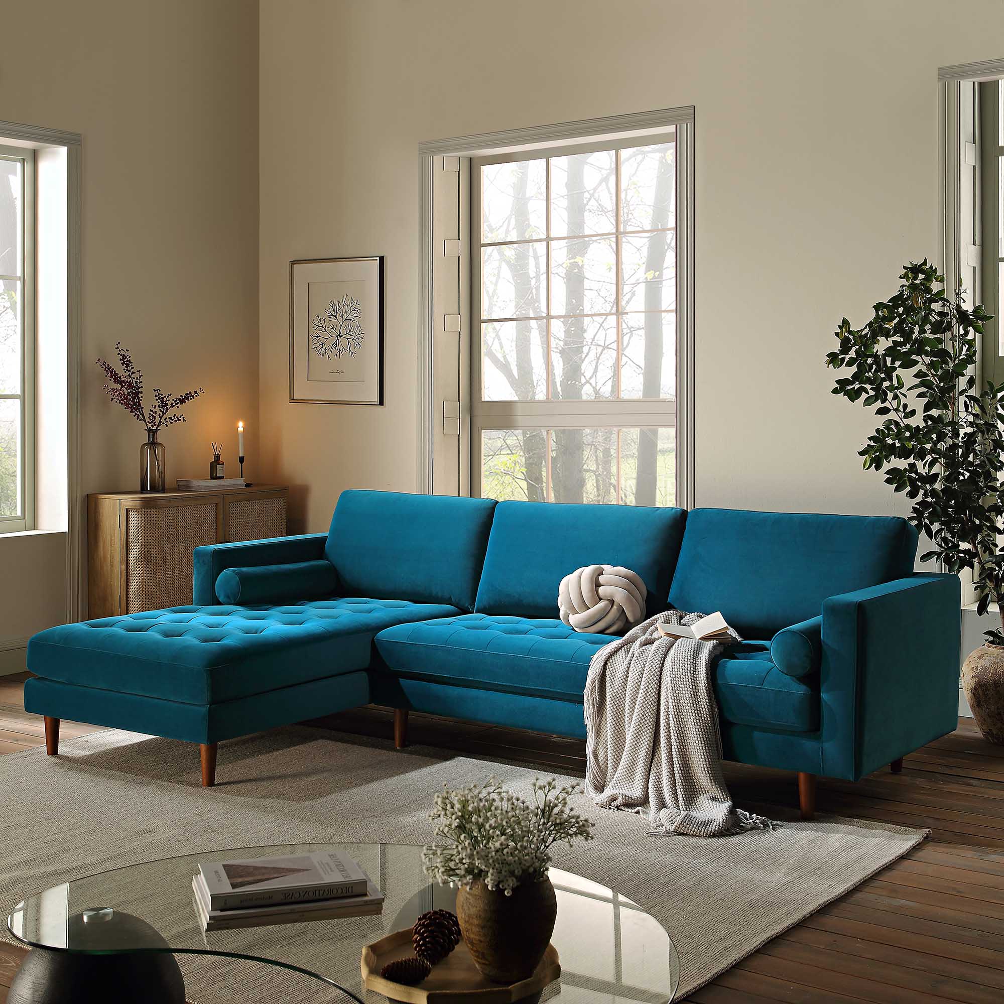 Teal Velvet Grand 4-Seater Chaise End Sofa, Left Hand Facing