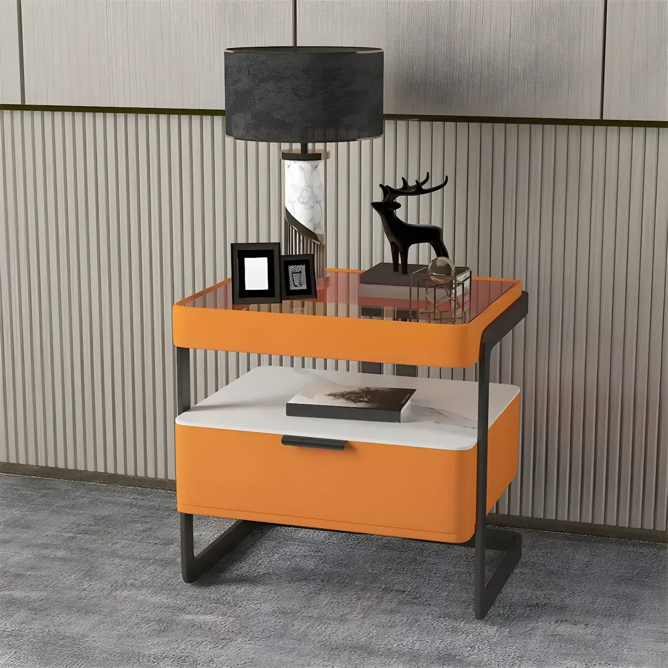 Modern Wood Nightstand with Glass Countertop and Drawer