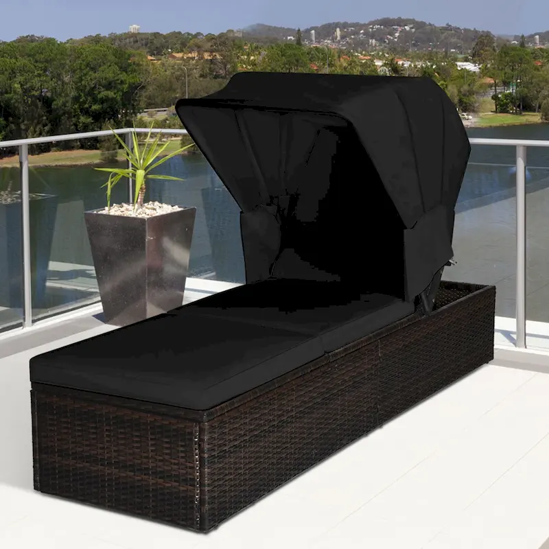 Gymax Rattan Patio Chaise Lounge Chair W/ Adjustable Canopy Black