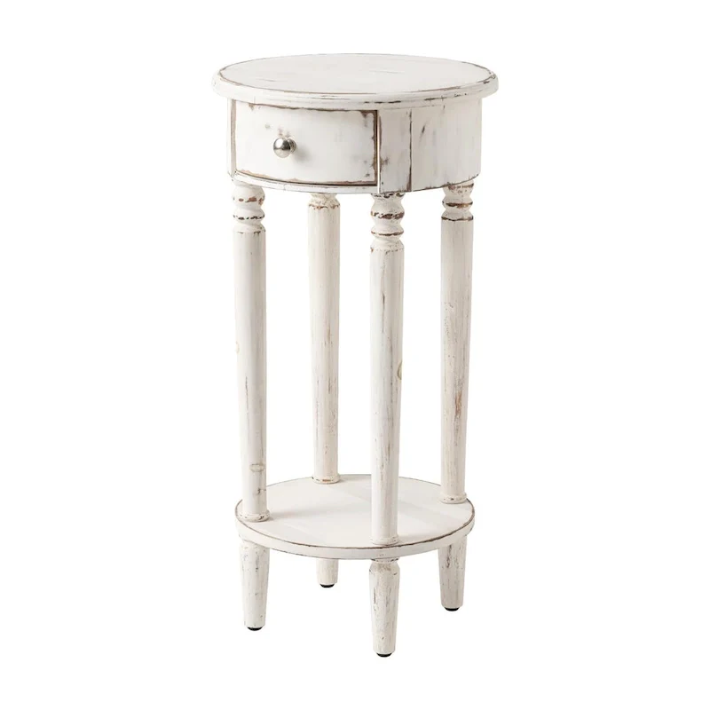 White Distressed Round Tall Telephone Stand Table