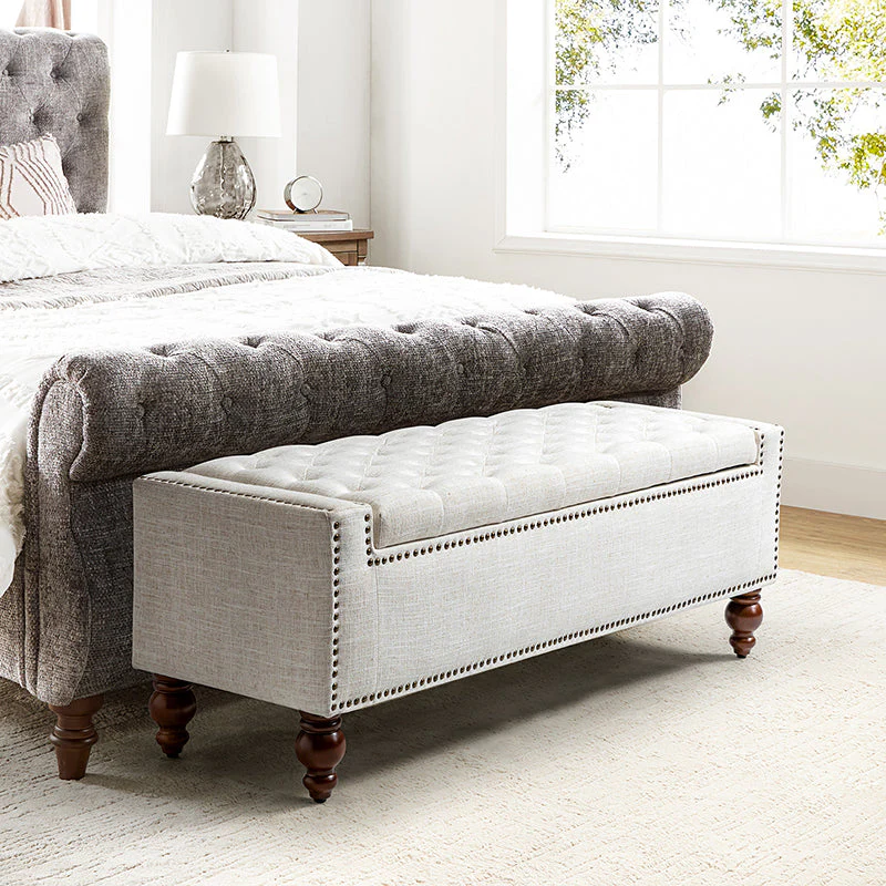 Button-Tufted Flip-Top Storage Bench with Copper Nailhead Trim, Foam Seat & Spindle Walnut Solid Wood Legs | Ivory | Single