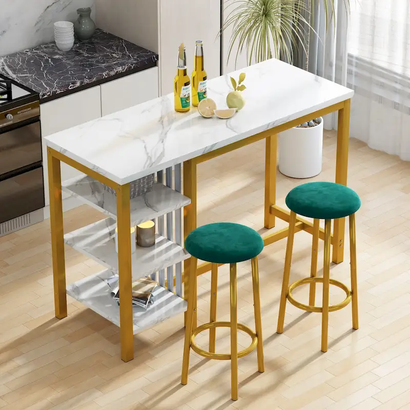 Faux Marble Bar Table with Upholstered Stools & Storage Shelves — 3-Piece Dining
