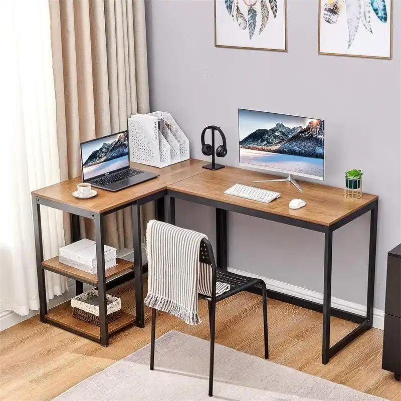 White / Black Marble / Oak / Brown / White Marble 2-Tier Computer Desk with Shelves – Modern Style, Home Office Use