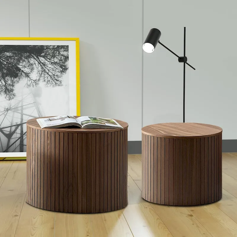 2-Piece Barrel Nested Coffee Table Set, Walnut/Black, Removable Top