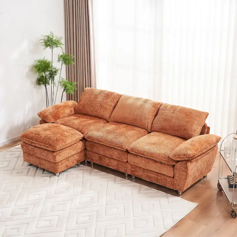 Modern Deep 3-Seat Sofa Couch with Ottoman