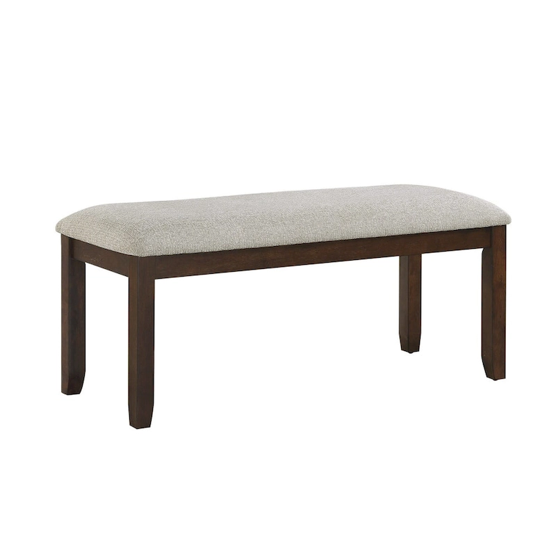 Humpty 43 Inch Bench, Gray Polyester Upholstery, Cherry Brown Solid Wood