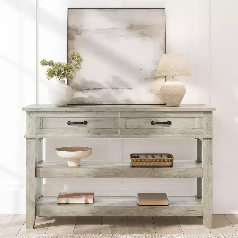 Coolmee Entryway Table, Console Table with 2 Storage Drawers, 3 Tier Farmhouse Wooden Sofa Table, Hallway Tables for Entryway, Living Room