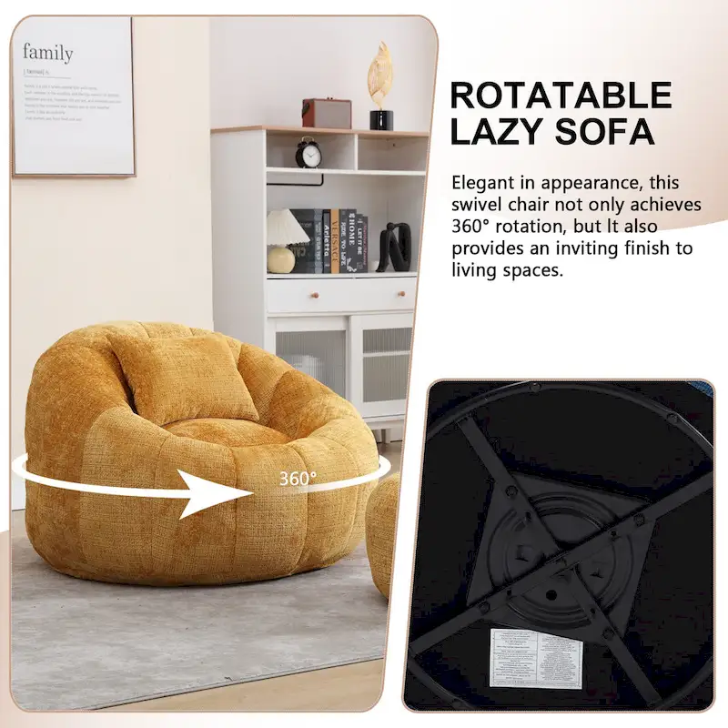 HOMEFUN Chenille Upholstered Round Lazy Cozy Bean Bag Chair with Ottoman and a Pillow