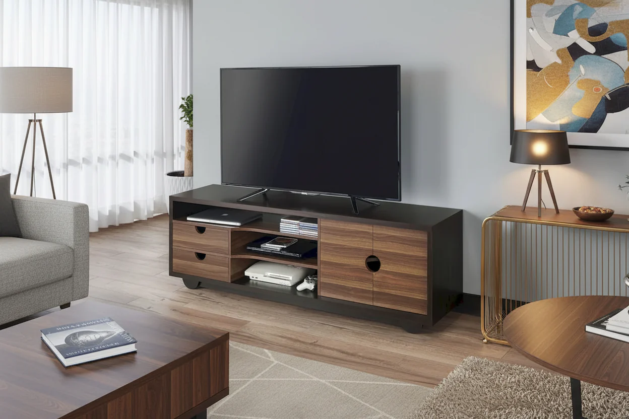 Wenge Brown Contemporary TV Stand with Storage, 63 in.