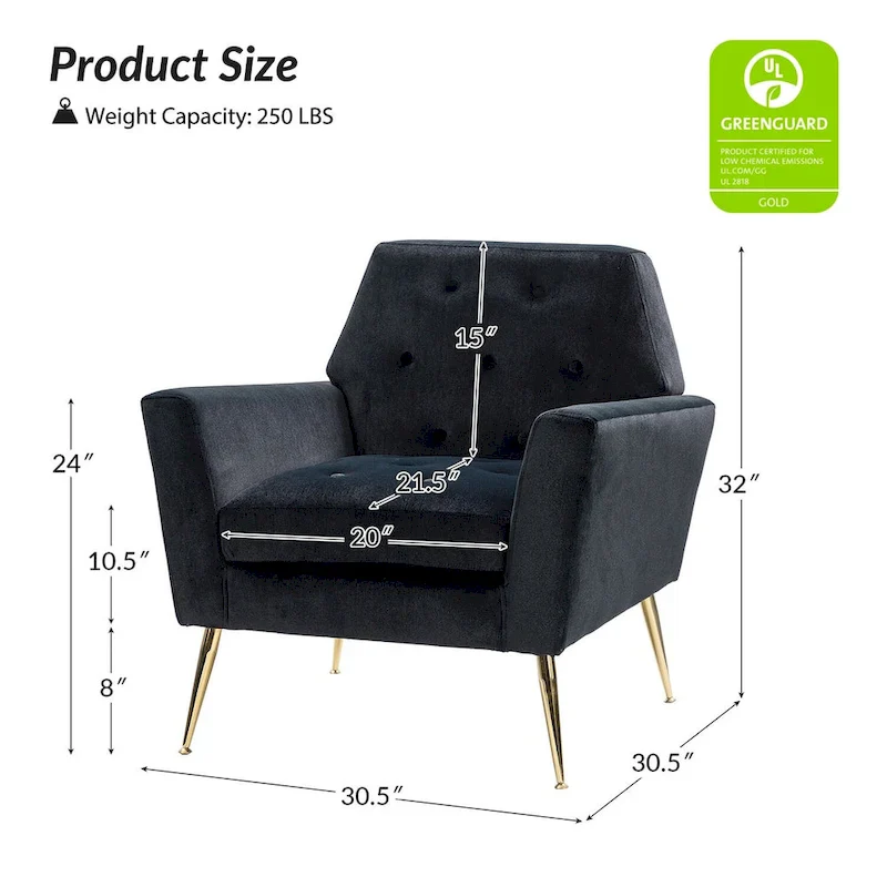 Velvet Tufted Accent Armchair with Gold Metal Legs – 250lbs Capacity