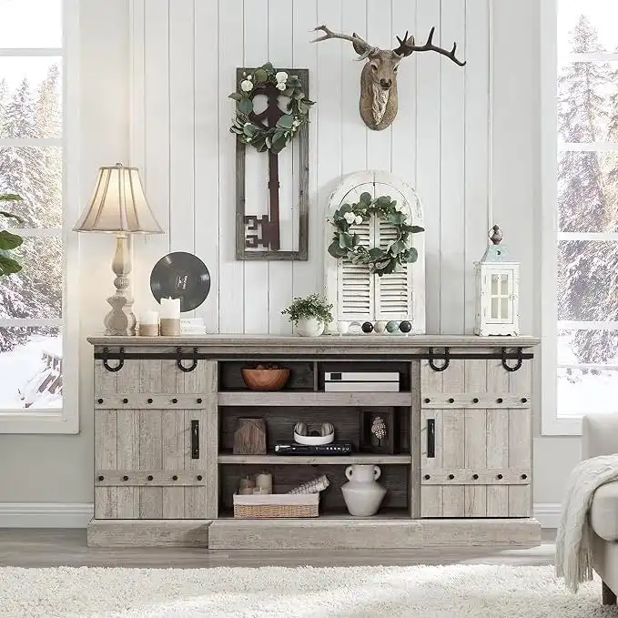 Modern Grey Sideboard Buffet Cabinet with 3 Drawers & Adjustable Shelves