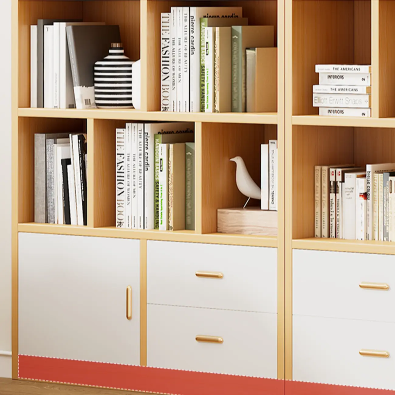 Natural Finish Narrow 6 Shelves Wooden Bookcase with Drawer