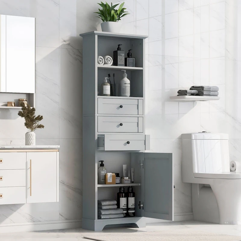 68 Tall Freestanding Bathroom Cabinet with 3 Drawers and Adjustable Shelves