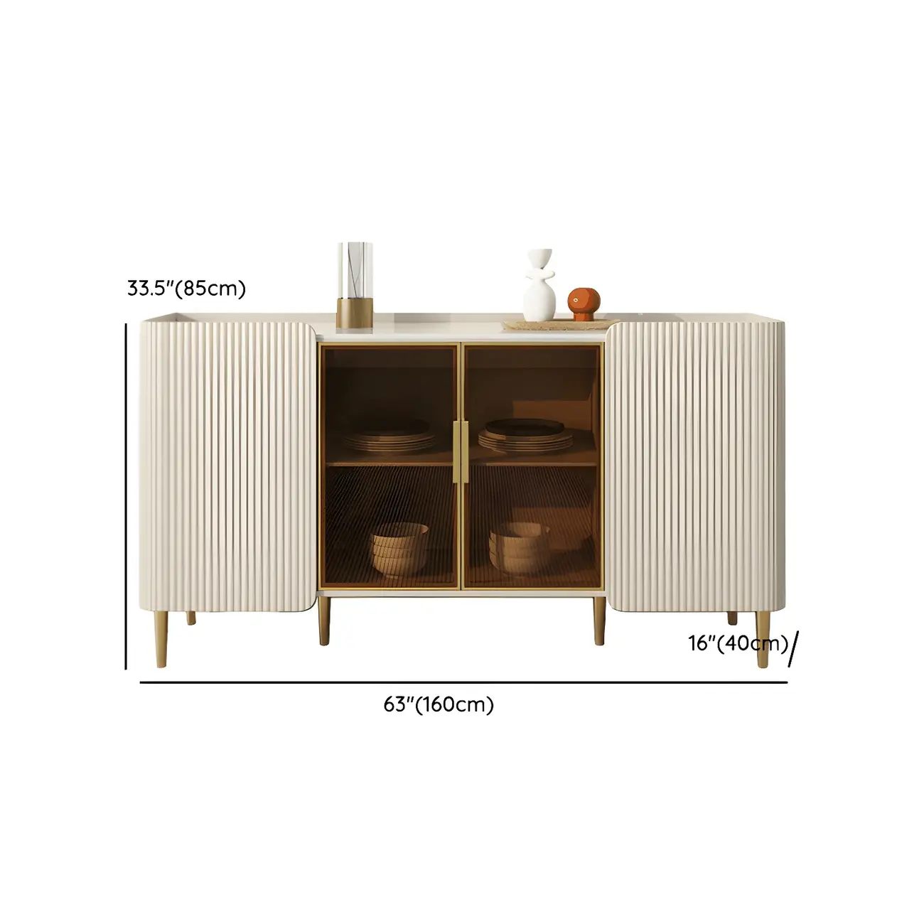 Glam Off-White Stone Countertop Sideboard with Shelves