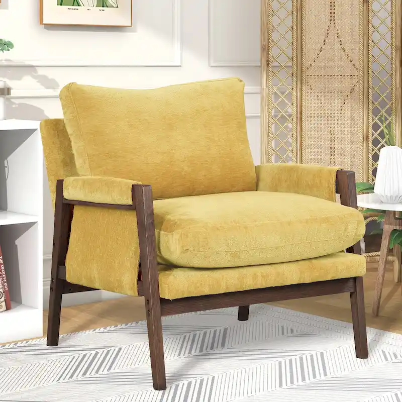 Yellow Velvet Armchair with Rubberwood Frame and Padded Feet