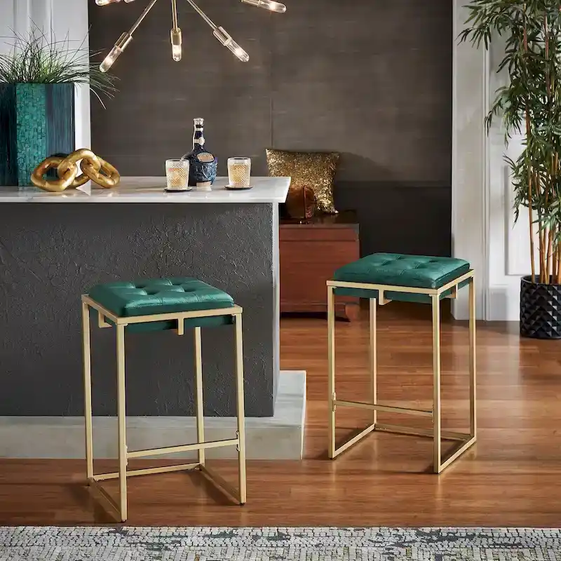 Backless Velvet Button-Tufted Bar Stool with Gold Metal Base & Footrest – Beige / Blue / Green, Counter / Bar Height