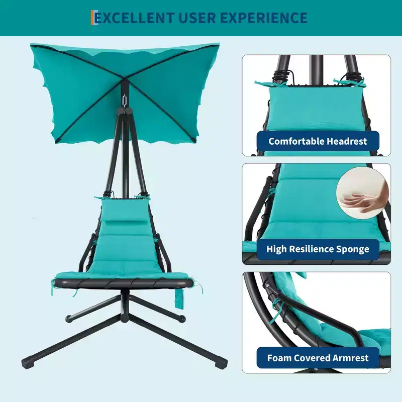 Outdoor hammock-style lounge chair with parasol, curved steel frame, and soft cushions, perfect for patios, gardens, and poolside areas.