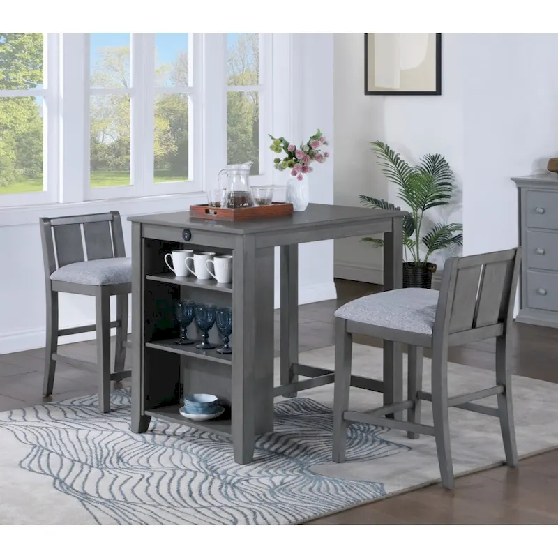 Grey / White Counter Height Dining Table Set for 2 with Storage Shelves