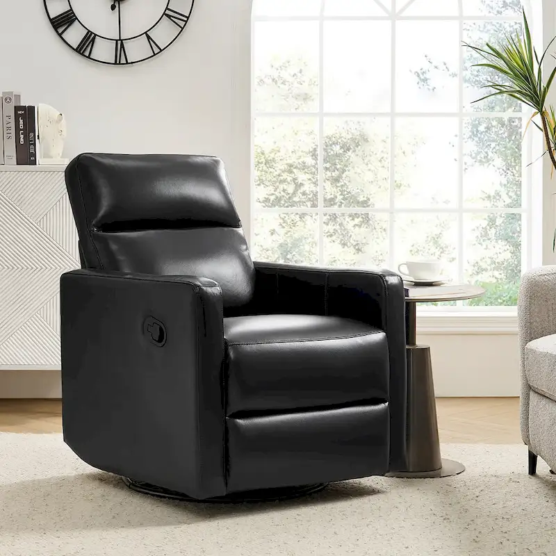 Genuine Leather Swivel Rocker Recliner with Adjustable Headrest - Modern Manual Reclining Chair 360° Rotation