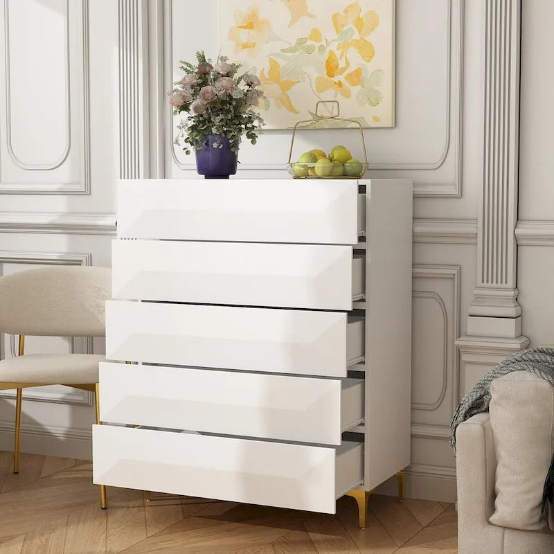 White Highboy Chest 5 Drawer Dresser with Gold Legs | Modern Asymmetrical Storage Cabinet | 31.5