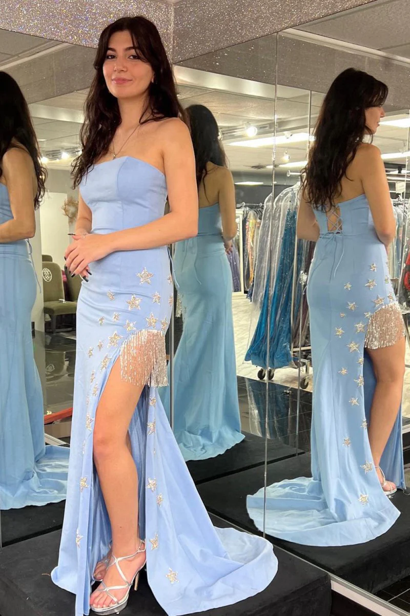 Sheath Strapless Strech Satin Prom Dress with Stars and Fringes