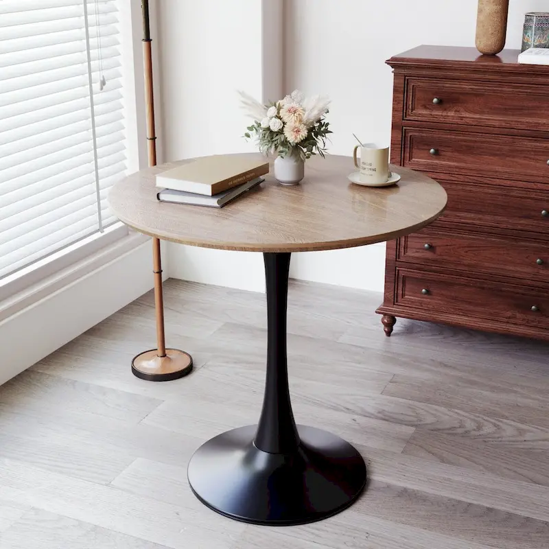 Round Tulip Dining Table, Walnut+Black / White / Black, Pedestal Base, Seats 2–4