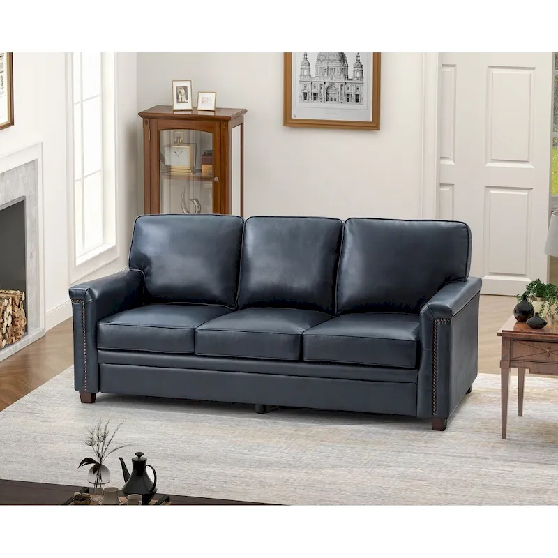 Transitional Leather Sofa – Navy / Turquoise / Black / Brown / Camel, Nailhead Trim, Seats 3