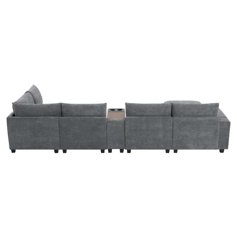 U Shaped Chenille Sofa w/Ottoman,Console,Cup Holder,Wide Seat,USB