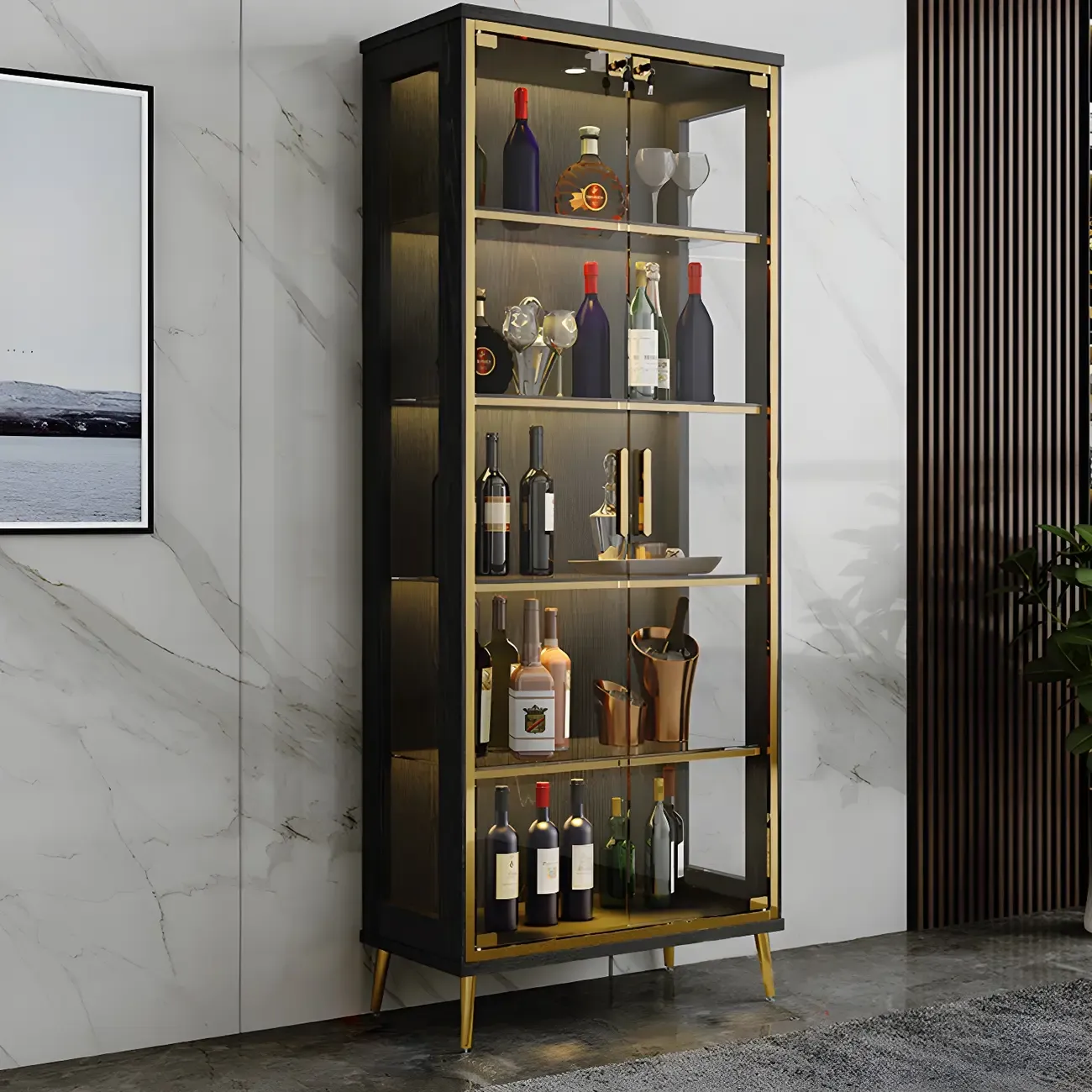 Glam Black Wooden Glass Display Cabinet