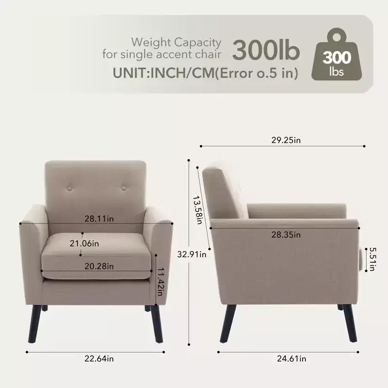 Single Armchair, Mid-Century Modern Style with Wooden Legs and Thickened Cushion, Suitable for Bedrooms, Waiting Rooms, and Offices